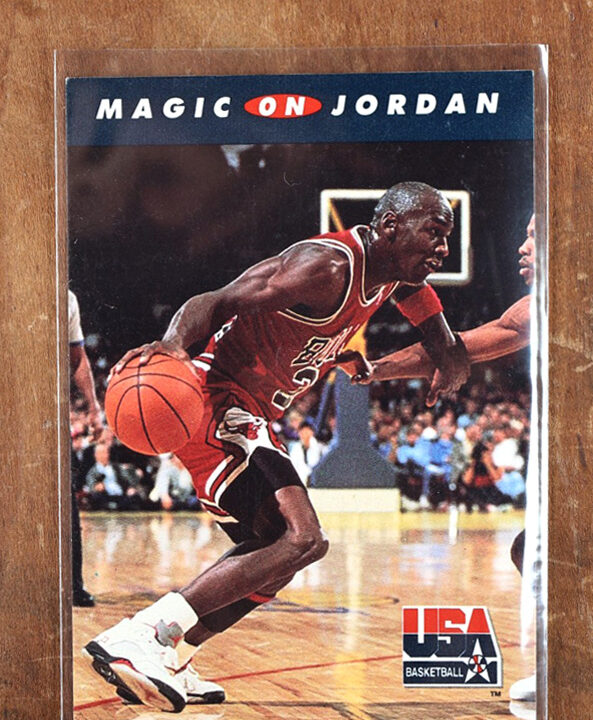 Magic Johnson on Michael Jordan Bulls NBA Basketball 1992 Skybox USA Card #105
